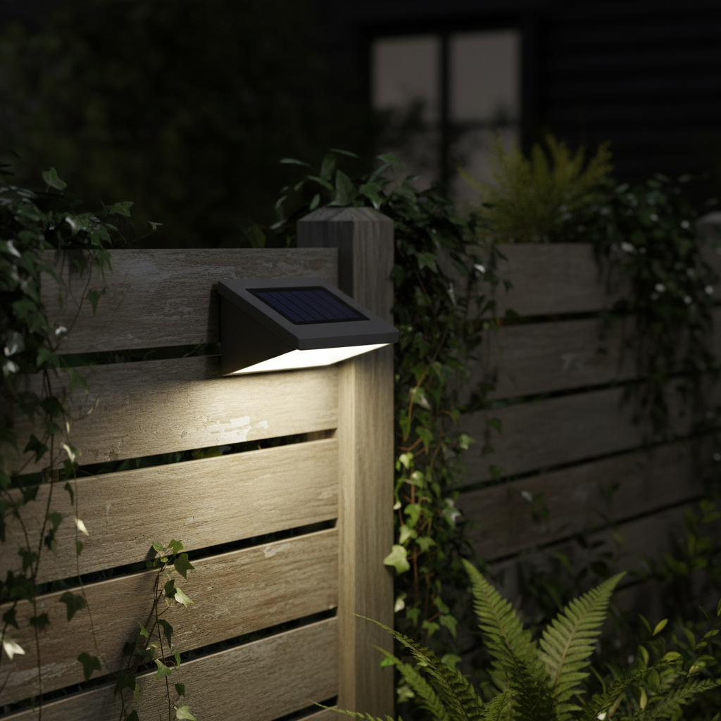 Solar wall light gắn hàng rào gỗ sân vườn ban đêm
