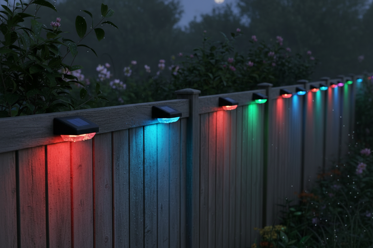 Đèn RGB solar fence light trên hàng rào gỗ ban đêm