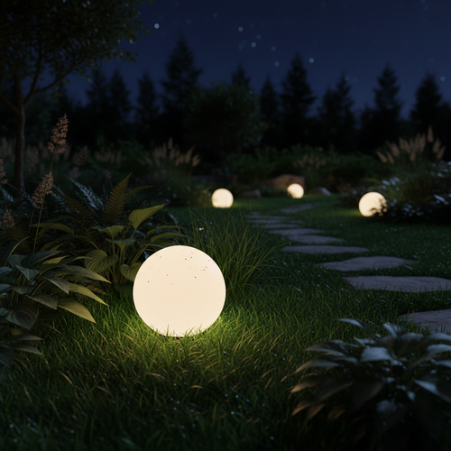 Đèn cầu LED trên bãi cỏ ban đêm