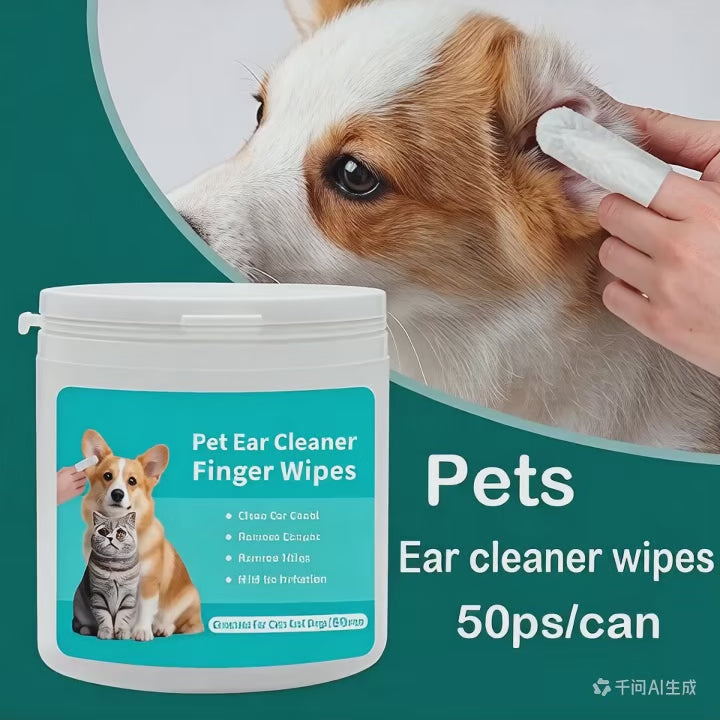 Pet Ear Cleaner Finger Wipes – 50pcs Ear Mite Removal Wipes for Dogs & Cats